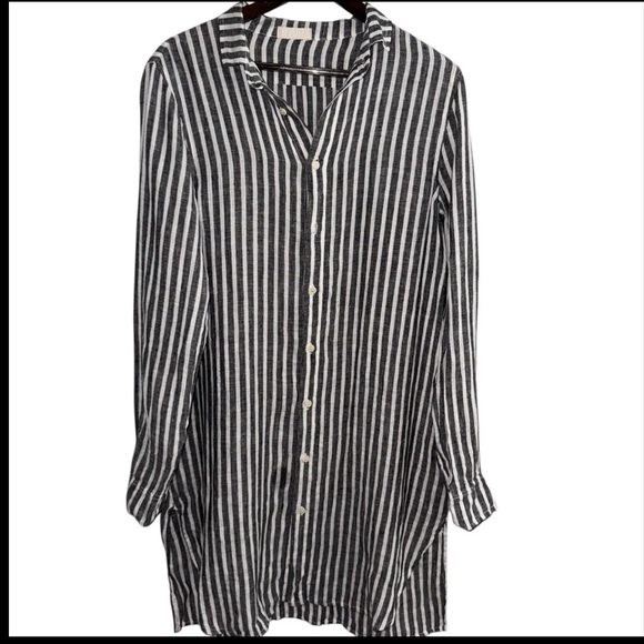 CP Shades Linen Stripe Shirt Dress Black White Button Front Tunic Minimalist - Picture 9 of 13